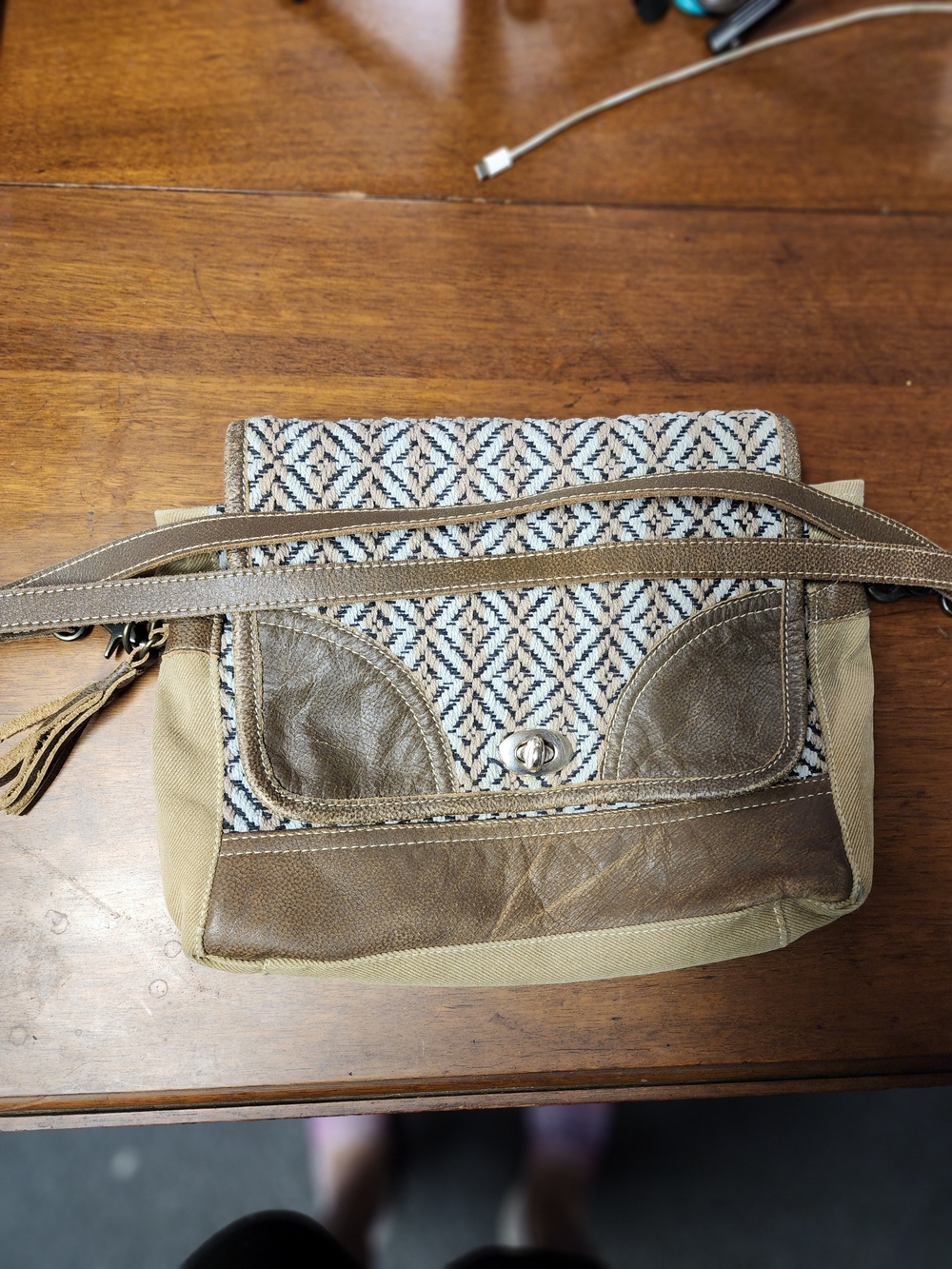 Woven Pattern Crossbody Bag in Brown and Cream MYRA